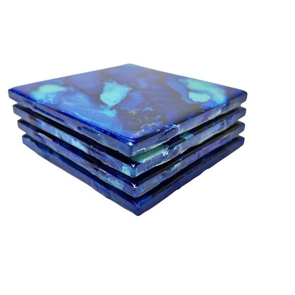Coasters Lot 4 Art Glass Tiles Blue Green Abstract Artisan Square Cork 4.25 Inch - Picture 7 of 12